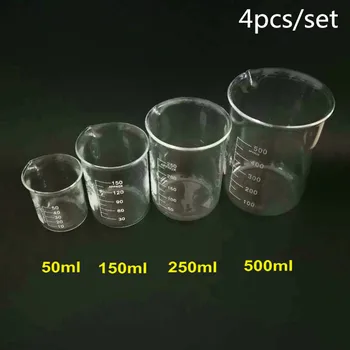 4 бр./компл. 50/150/250/500 мл Стъклена чаша за лабораторни тестове, мерителна чаша, обемните съдове за лабораторни експерименти