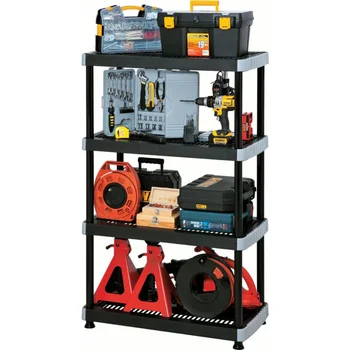 Rimax сверхпрочный 4-полочный полипропилен рафтове за съхранение в гаража, черен, за организиране на рафтовете, органайзер за инструменти