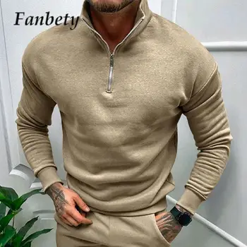 Нова мъжки hoody с цип с висока яка, модни однотонная поло риза с дълъг ръкав, ежедневни свободни мъжки потник, пуловер, градинска облекло