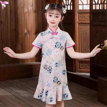 Лятна рокля Hanfu за момичета, детски дрехи, детски ежедневни парти, традиционен китайски костюми от епохата на Тан, памучни розово-сини рокли Рокли