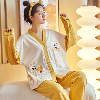 2023 Нови памучни пижами, дамски пролетни и есенни модели, всекидневни женски костюм за домашен обслужване с дълги ръкави, голям размер 3XL, директна доставка