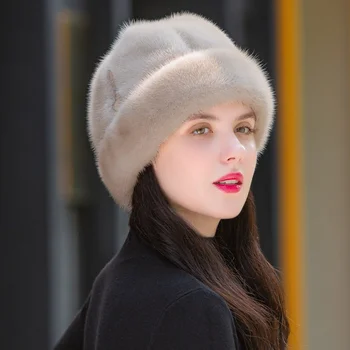 Дамски удебелена внос кожа шапка, зимни термошлема от кожа на норка високо качество, градинска мода кожа капачка за профилактика на настинки