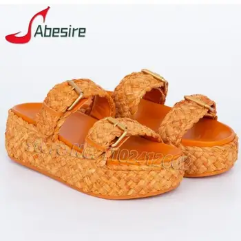 Модерни чехли с катарама на колана, летни нови эспадарили, сандали на платформа с отворени пръсти, оранжеви обикновена обувки на плоска подметка, градинска дамски обувки