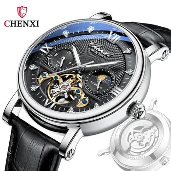 CHENXI Автоматични часовници Мъжки механични часовници с Кожена каишка Tourbillion фаза на Луната Водоустойчиви часовници за мъже Луксозна мода
