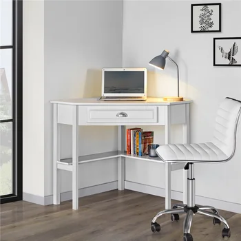 Ъглово бюро с чекмедже за съхранение, бяла бюро