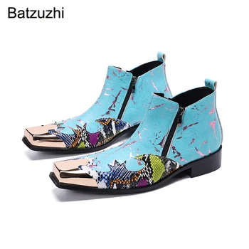 Batzuzhi / Ново записване; Мъжки обувки с Квадратни желязна глава; Сини Ботильоны От естествена кожа; Модерен Бизнес Обувки за партита и Сватби