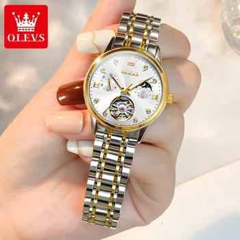 OLEVS Елегантни дамски часовници на Оригиналния скелет, автоматични водоустойчив светещи механични часовници за жени, дамски часовници MoonPhase