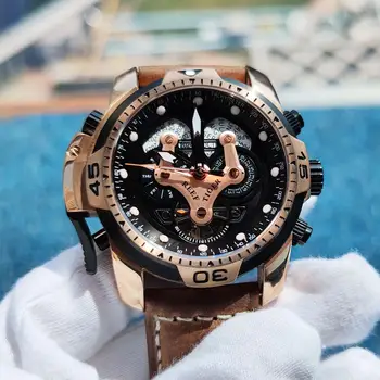 Reef Тигър/RT мъжки спортен часовник с гумена каишка и сложно циферблат от розово злато, автоматични военни часовници RGA3503