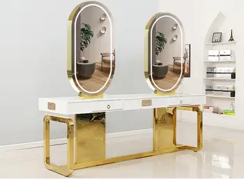 Фризьорски салон, едностранно огледало, фризьорски салон, козметика от масивно дърво, огледало с лампа