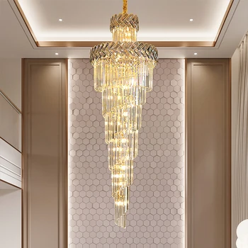 Луксозна модерна полилеи, осветление за стълбища, големи дълги опушен-сив кристални лампи, антре, вестибюл, златна вътрешно осветление