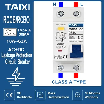 Автоматичен прекъсвач остатъчен ток Тип A RCCB MCB RCBO 1P + N 10A 16A 20A 32A 40A 63A Защита от изтичане на 30 мА Претоварване TAIXI