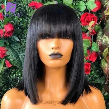 Кратък перука-боб с бретон от човешка коса 180 плътност, фактура скалпа, директен перука-боб, бразилски коса Remy за черни жени