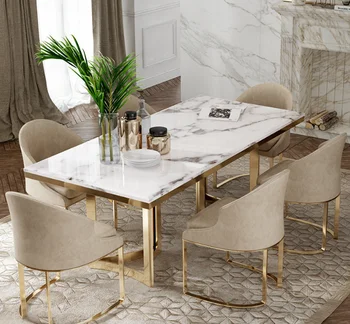Скандинавски правоъгълна маса за хранене, мрамор маса за хранене, модерен минималистичен комбинация от бюрото и стола (2 таблица 140 см + 8 стола)