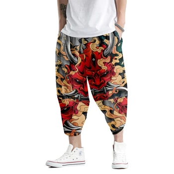 Летни панталони с принтом демон в стил хип-хоп, мъжки ежедневни зреещи с еластична гумена лента за кръста, Свободни спортни панталони