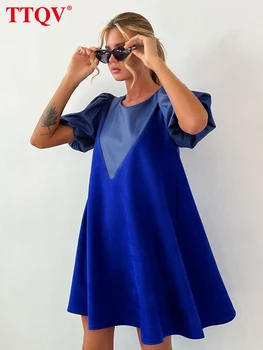 TTQV Елегантно синьо женствена рокля от изкуствена кожа 2023, модерни рокли в стил мозайка с къси ръкави, ежедневни свободни мини-рокли, дамски дрехи