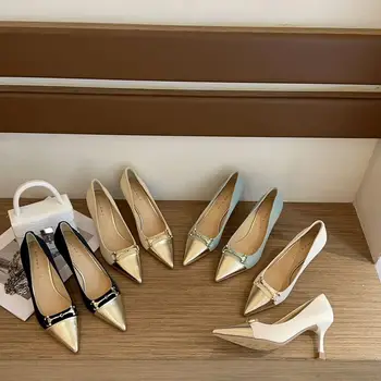 Френските обувки на висок ток с метална катарама, зашити карфица, пролет-есен 2023, нови женски фини обувки с остри пръсти, темпераментни