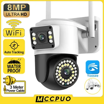 Mccpuo 4K 8MP Двухобъективная PTZ Wifi Камера С Двойна екран AI Human Auto Tracking 4MP Сигурност и ВИДЕОНАБЛЮДЕНИЕ Камера за видеонаблюдение Yoosee