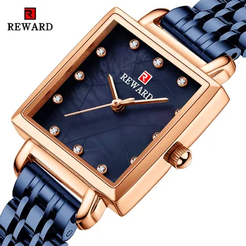 Наградата дамски часовници, модни квадратни кварцови часовници, водоустойчиви дамски прости ръчен часовник от розово злато и стомана, луксозни дамски ръчен часовник с кутия