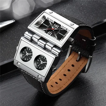 OULM 9525 Големи и уникални дизайнерски мъжки часовник с три часови зони Уникални мъжки военни часовник с кожена каишка в стил пънк ръчен часовник