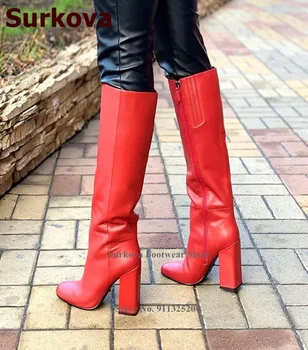 Дизайнерски ботуши до коляното Surkova на масивна ток с релефни изображения от червена матова кожа, модел обувки за шиене на мълния, есенно-зимни улични дълги ботуши
