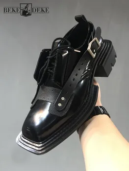 Мъжки модел обувки от естествена кожа с квадратни пръсти, подиумные обувки на платформа в стил пънк, обувки-дерби дантела, мъжки черни ежедневни обувки от телешка кожа