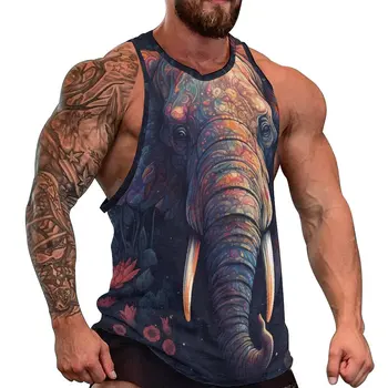 Майк със слон, мъжки цветна картина, върховете оверсайз за фитнес, плажни ризи без ръкави винтажного дизайн