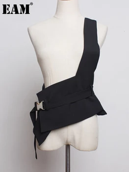 [ИАЛ] Женски черен асиметричен бандажный жилетка свободно намаляване с намаляване на ставите, нова мода без ръкави, Пролет-есен 2023, 1H975