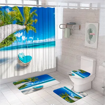 4 бр. плажната завеса за душ с палма, морски пейзаж, на брега на океана, синьото на небето, завеси за баня, нескользящий подложка за баня, капак за тоалетна