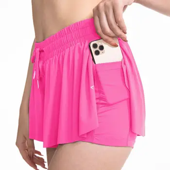 Спортни къси панталони женски двойни шорти със странични джоб за джогинг, фитнес, спорт, бързосъхнеща спортни дрехи за йога