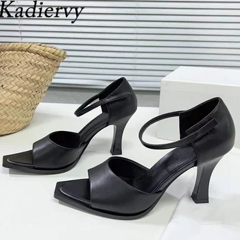 Летни сандали дамски официални обувки на висок ток с остър отворени пръсти Sandalias Mujer от естествена кожа черно-бели сандали дамски