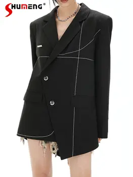 Уличен асиметричен дизайн, черно яке за жени, новият старт на пролетта 2023, всекидневни модерен сако с дълги ръкави и жизнена линия, палта, уличен асиметричен дизайн