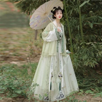Хан Су Хан Фу, дамски лятна пола Mamianqun Tuanzi с кръстосана декорация, пола с къс ръкав, пълен комплект, твърди дължина до кръста