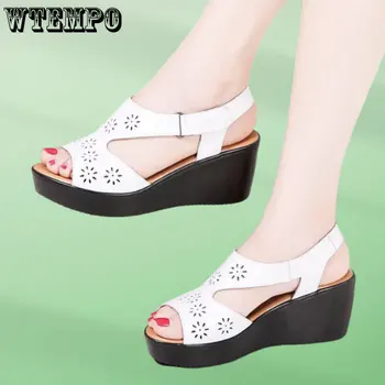 WTEMPO, дамски сандали на танкетке, лятна мода обувки за майките на куха платформа, удобни и универсални модни сандали в ретро стил