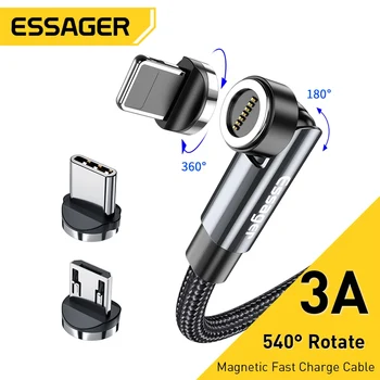 Essager 540 Въртящ се магнитен кабел 3A Бързо зареждане Micro USB Type C кабел за iPhone Xiaomi Магнитно зарядно устройство на телефона проводник за предаване на данни кабел