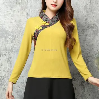 2023 новия китайски национален стил, по-добра дамска блуза с тибетския елемент, дълъг ръкав, танц топ, елегантен китайски случайни топ за отслабване