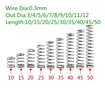 1000шт 0,3 * 2 * L Диаметър на тел 0.3 mm Външен диаметър 2 мм от неръждаема стомана Микро Малката спирална пружина компресия дължина 5 мм-50 м