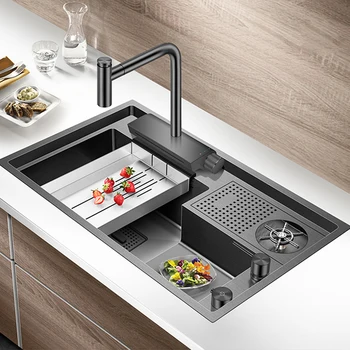 Нано черна степенна механична кухненска мивка 304 от неръждаема стомана с дебелина 4 мм, мивка, ръчно изработени, омекотители за чаши за високо налягане, смесител за водопада, мивки