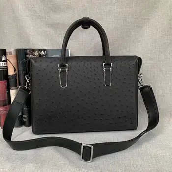 Истинска екзотична мъжка чанта-портфейл от кожа на щраус, голям бизнес портфейл, черен калъф за лаптоп, мъжки работно портфейл от естествена кожа, чанта