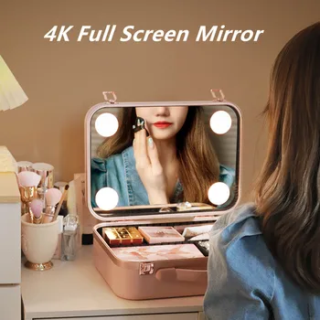 Модерен дамски косметичка с огледало 4K и осветление, професионална косметичка, преносими, козметични чанти за жени с голям капацитет