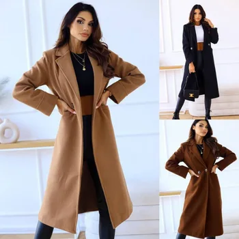 2023 Есенно-зимния минималистичен двубортный вълна яке за жени, однотонное дамско палто с дълги ръкави и копчета на лацканах, есенно-зимния минималистичен сако