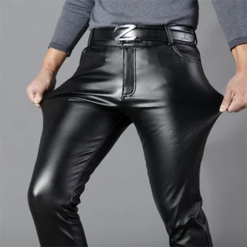 Мъжки Кожени Панталони В Корейски стил Slim Fit Мъжки Тесни Панталони-Молив С Висока Еластичност Модни Флисовые Младежки Мъжки Кожени Мотоциклетни Панталони