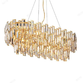 луксозни нови лампи led кристална ресторант лампа постмодернистская полилей правоъгълна творческа личност лампа за хранене златна светлина