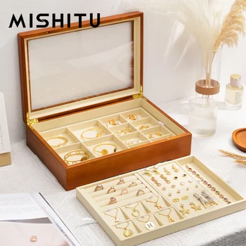 Двупластова кутия за съхранение на бижута MISHITU с огърлица, на една кука, обеци, пръстен, гривната, футляром за съхранение, организатора от масивно дърво, кутия за бижута