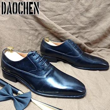 Класически мъжки обувки-oxfords от естествена кожа, вечерни модела обувки с дантела, черни, кафяви, полирани, бизнес, офис, сватбени обувки, мъжки