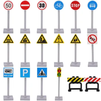 Градските пътни знаци Блокове играчки Улично движение на градивните елементи на Класически градски пътен знак Предупредителен дъска MOC Тухли детайли играчки