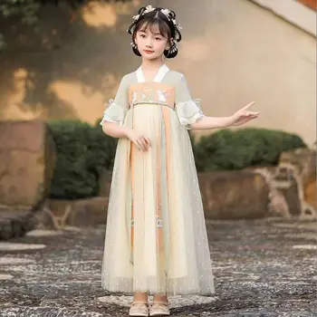 Китайското рокля Hanfu, костюм за момичета, детски жълто кралят костюм фея с къс ръкав, танцово лятна рокля Hanfu за момичета
