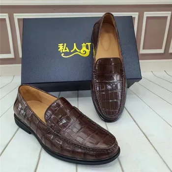 Бизнес Всекидневен Стил, Мъжки кафяви модела обувки от естествена крокодилска кожа, мъжки лоферы Без обков от естествена кожа на алигатор