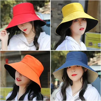 Дамски однотонная панама, слънцезащитен крем, сгъваема двустранен два цвята плажна шапка, летни шапки за жени