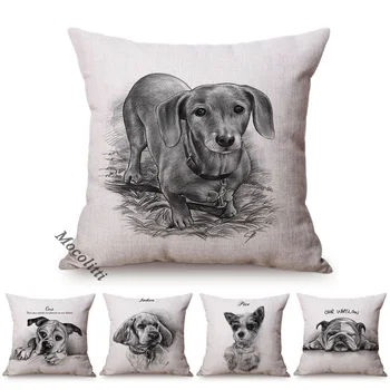 Скица на домашни кучета, украса за дома, калъфка за дивана, калъфка за дневна в стил животни, декоративна възглавница за стол, чанта за носене