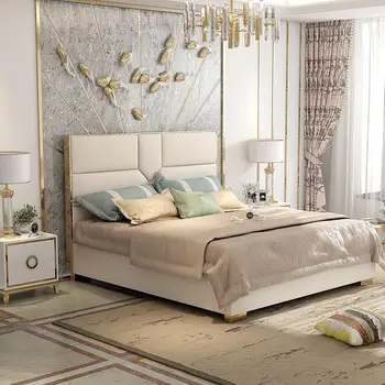 Модерна и лесна двойно легло в скандинавски стил, светла спалня, луксозна кожена сватба легло, 1.8 метра, висококачествени мебелни аксесоари